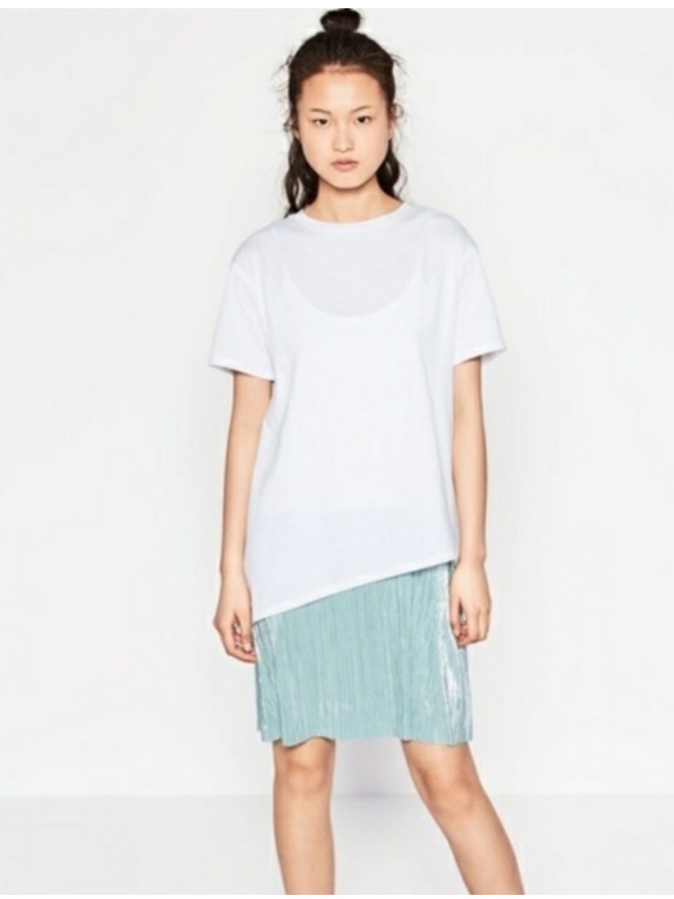 Zara White Tee With Mint Pleated Mini Skirt